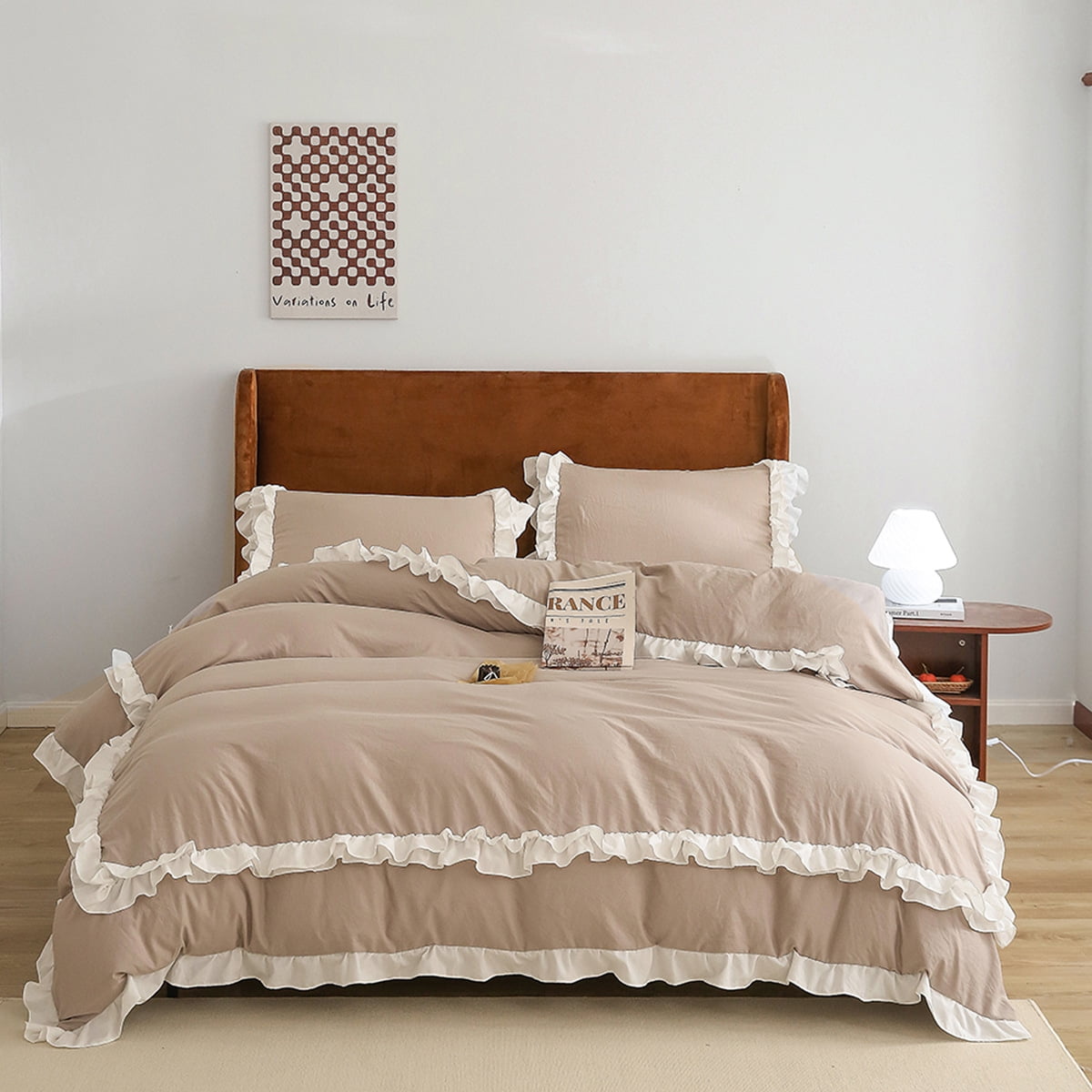 Bedding Duvet Cover With Pillowcase Set Washed Cotton Ruffle Edge Brwon Twin Size