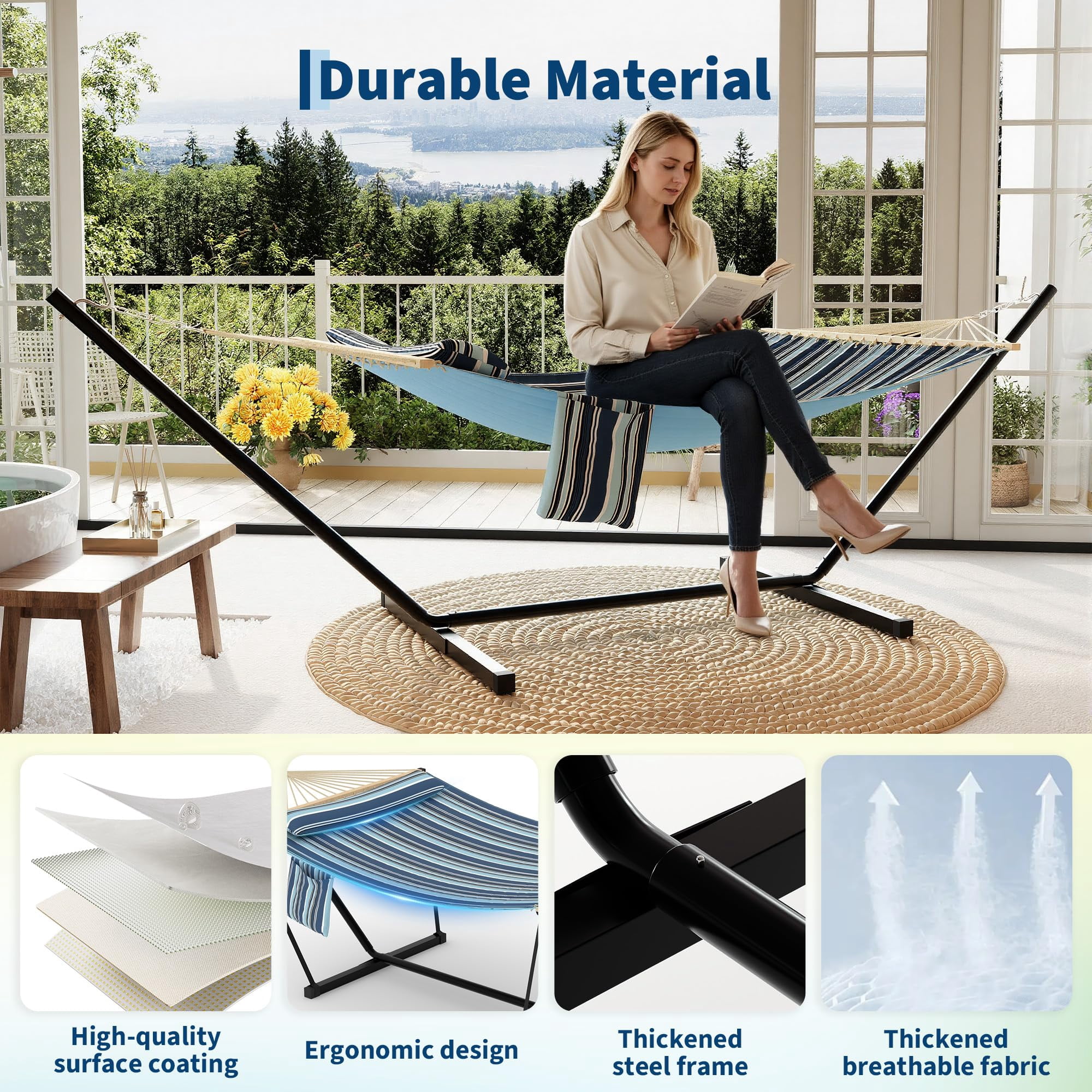 Double Hammock with Stand for Outdoor, Heavy Duty Portable 2 Person Hammock with Adjustable Steel Stand for Patio, Garden, Beach, Backyard