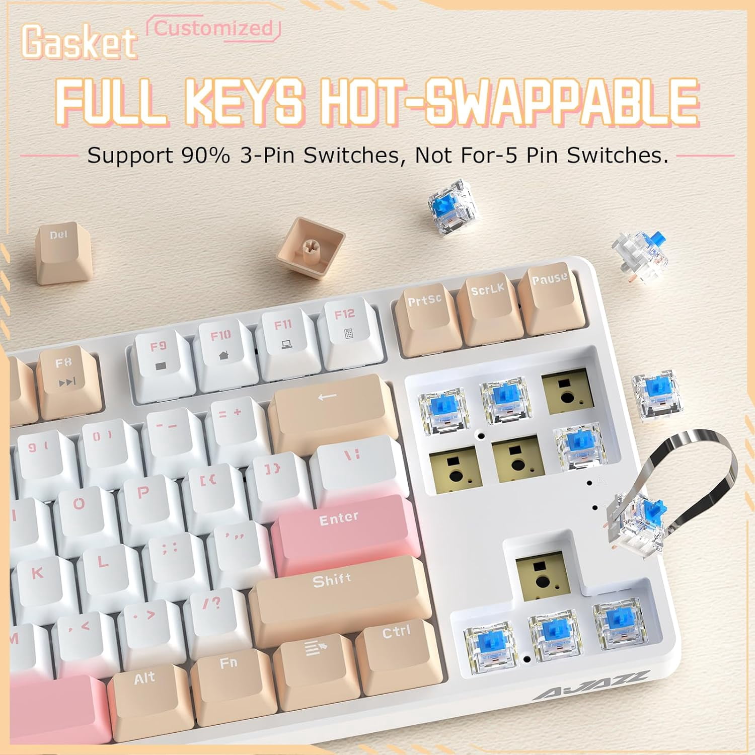 A.JAZZ Wireless Mechanical Keyboard, Dual Mode BT5.0/2.4G with 87 TKL Hot Swap Bluetooth Gaming Keyboard,Detachable Frame,USB Hub for PC(Blue Switch)