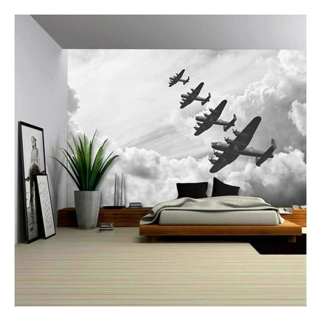 wall26 - Black and White Retro Image of Lancaster Bombers from Battle of Britain in World War Two - Removable Wall Mural | Self-adhesive Large Wallpaper - 100x144