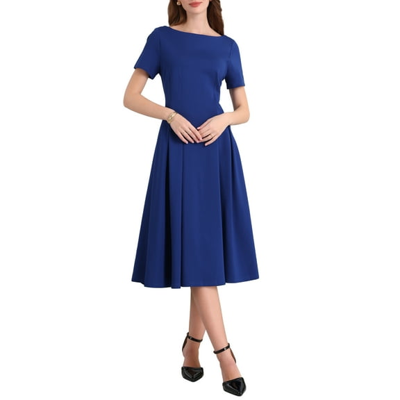 INSPIRE CHIC Women's Boat Neck Dresses 2025 Midi Swing Work A-Line Dress for Elegant and Casual Occasions S Royal Blue