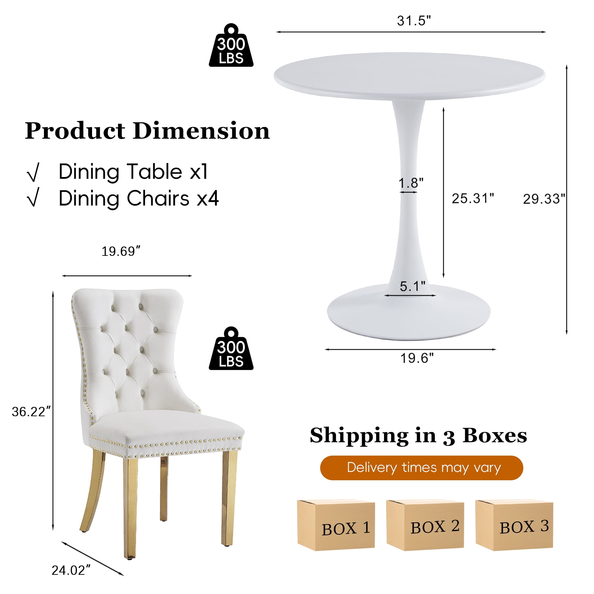 5-Piece 31.5" Round Dining Table Set, Mid-Century Modern All-Metal Kitchen Table with Velvet Nailhead Trim Chairs & Stainless Steel Legs, for 4, Small Spaces, Apartments, Living Room