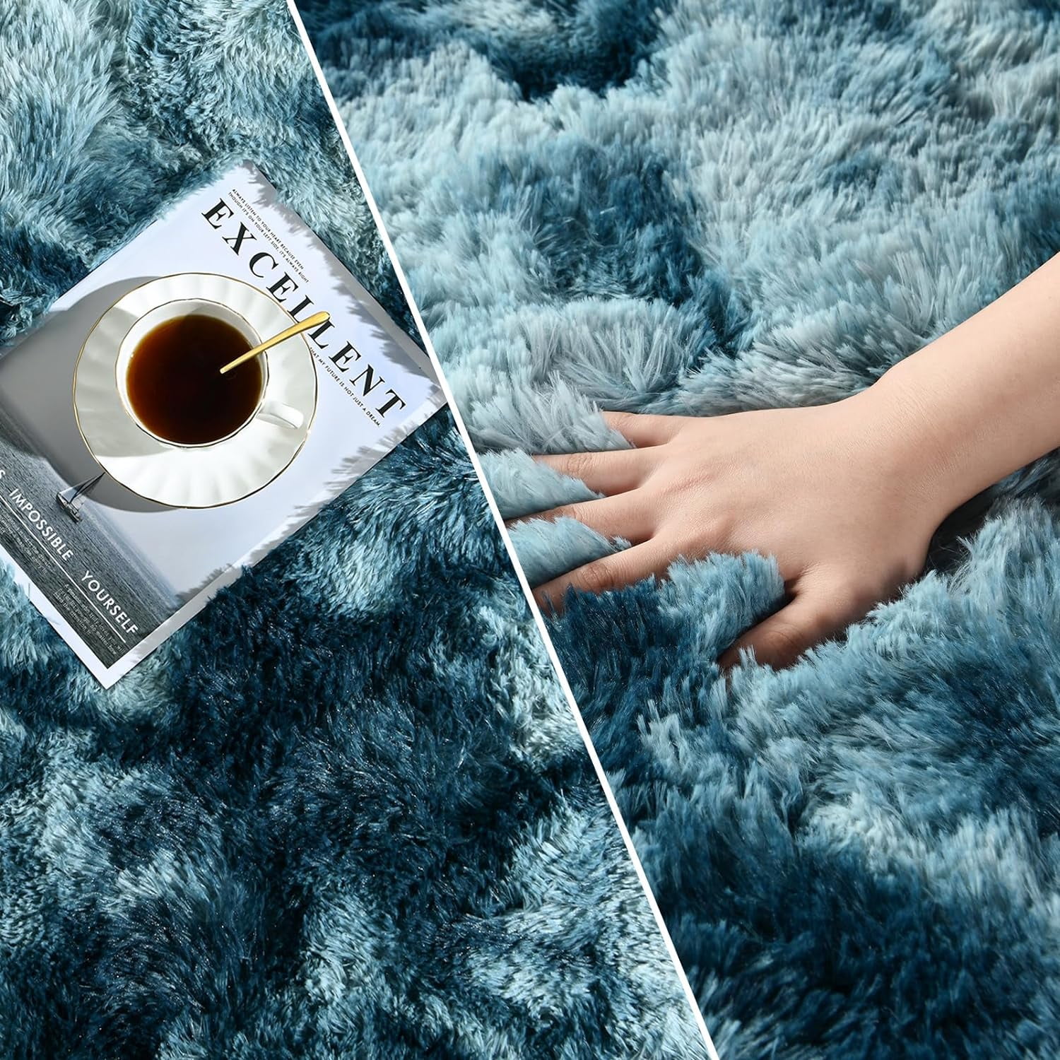 Junovo Luxury Velvet Shag Area Rug Modern Indoor Fluffy Rugs, Extra Comfy and Soft Carpet For Bedroom Living Room Kids Room,4'x6',Peacock Blue