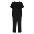 thumbnail image 4 of VBTAPA Womens Pajama Sets Short Sleeve Pleated Top and Capri Pants Matching Pjs Set Soft Comfy Sleepwear Solid Color Lounge Sets with Pockets Black XL, 4 of 8