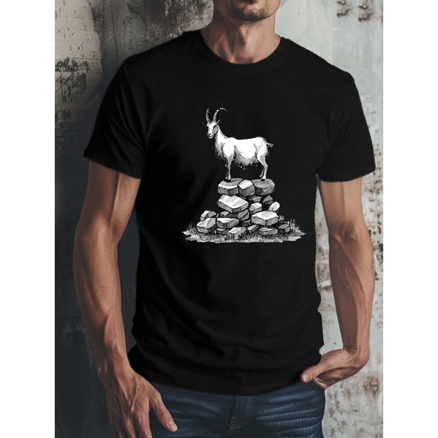 Men's T-Shirt Featuring a Goat Stack Design with a Wrinkle Effect, Tailored for a Front Shoulder Fit.