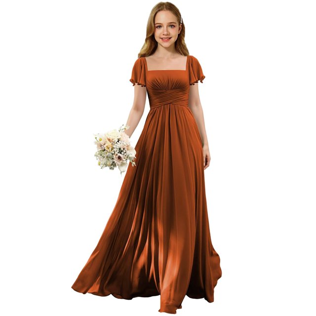 Vestido largo de chifón Augday para dama de honor, fluido, naranja quemado, niña