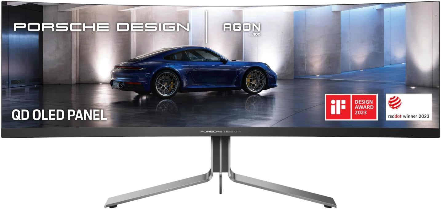 Restored AOC Agon PRO PD49 Porsche Design 49" OLED Gaming Monitor, DQHD 5120x1440 240Hz 1ms, 1800R, USB-C PD 90W, AMD Free-Sync Premium Pro, Height Adjustable Stand (Refurbished)