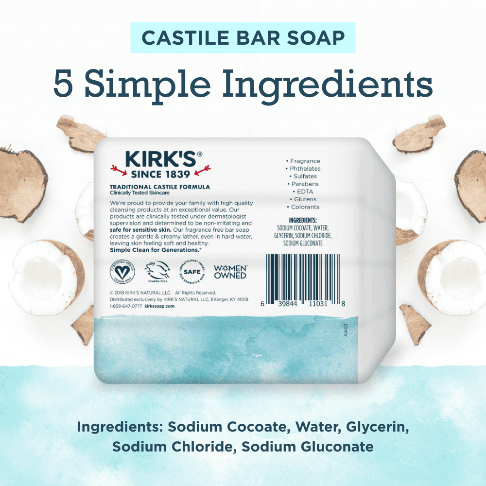 Kirk's Castile Bar Soap - Made With Premium Coconut Oil, Fragrance Free, 4 oz. Bars, 4 Pack