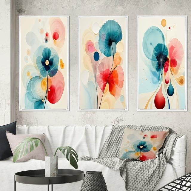 Designart "Blossoming Energy Retro Minimal Flower VI" Abstract Painting Framed Wall Art Set Of 3 - Blue Modern Frame Gallery Set For Office Decor