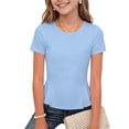 thumbnail image 2 of BLTIBY Girls Cap Sleeve Shirts Crew Neck Cute Summer Ruffle Hem Tops Loose Casual Short Sleeve Tees Soft Kids Clothes Sky Blue 5-6 Years, 2 of 9