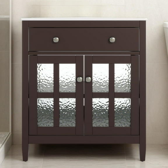 30" Bathroom Vanity with Ceramic Sink, Bathroom Cabinet with Adjustable Shelf & Tip-Out Tray, Solid Wood Legs, Brown