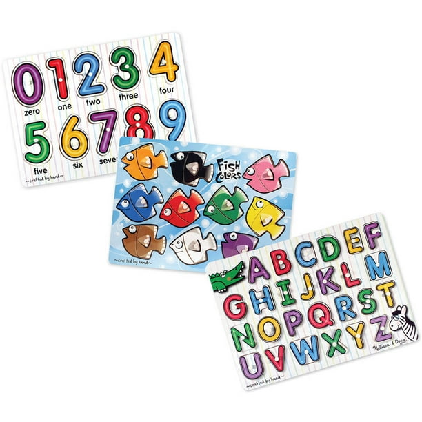 Melissa & Doug Classic Wooden Peg Puzzles, Set of 3, Numbers, Alphabet