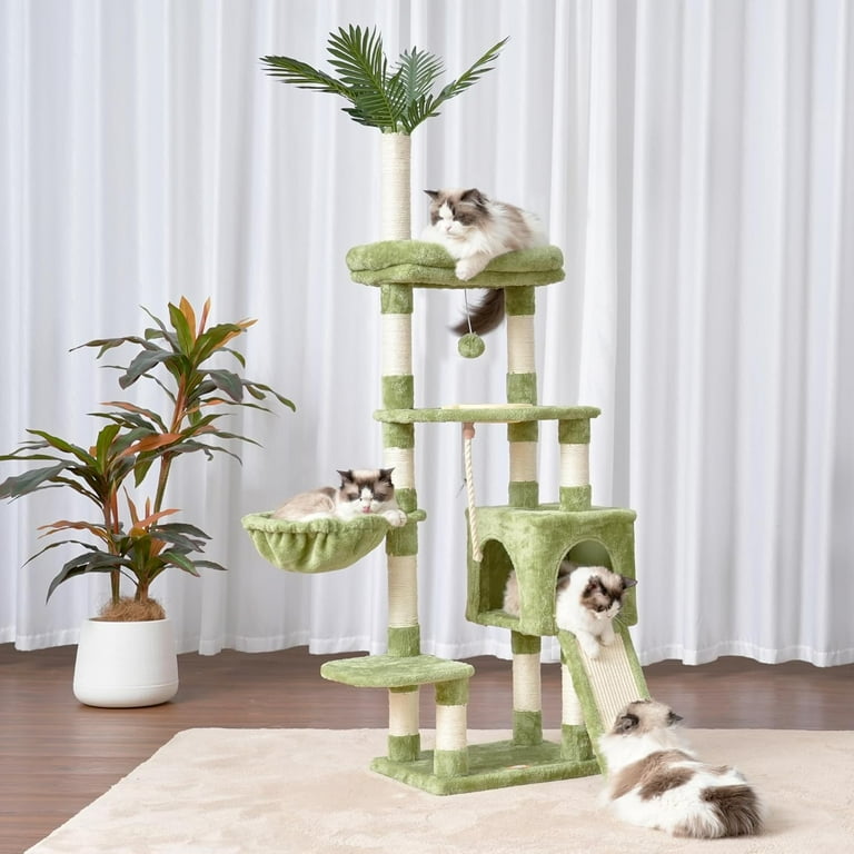 Cat Tree 65.4 inches Cat Tower for Indoor Cats Cat Condo with Leaves Perches Basket Leaf Feeding Bowl Multi Level Plush Modern Furniture Scratching Posts Green Walmart