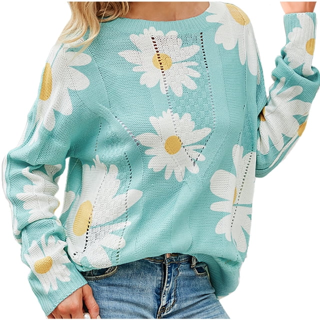 IROINID Pull Femme Col Rond Imprimé Ample Mi-Long Manches Longues Marguerite
