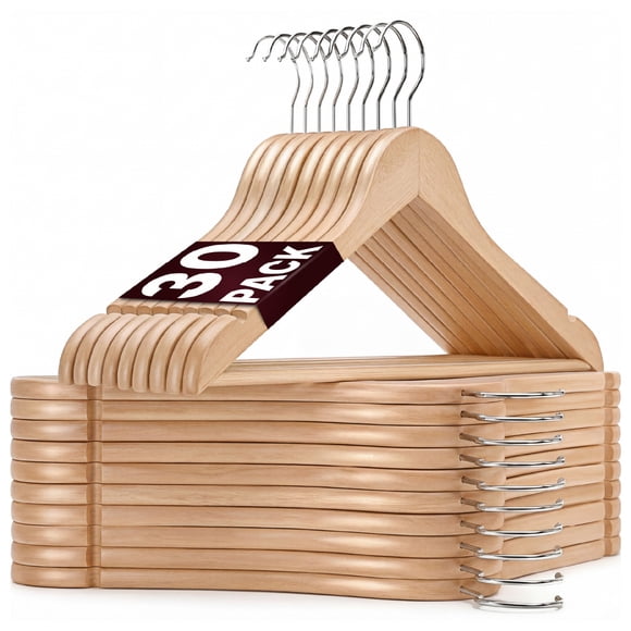 Lot de 30 cintres en bois Beddora, cintres robustes en bois naturel avec finition antidérapante, crochets pivotants à 360°, organisateur de placard gain de place pour manteaux, costumes et chemises
