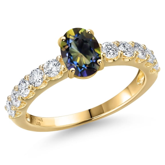 Gem Stone King 14K Yellow Gold Blue Mystic Topaz and Lab Grown Diamond Engagement Ring for Women | 1.60 Cttw | Oval 7X5MM | Gemstone November Birthstone | Size 7