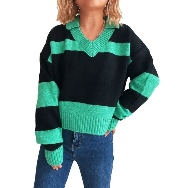 Women Fall V Neck Sweater Color Block Long Sleeve Shirt Casual Loose Striped Pullover Sweaters Green S