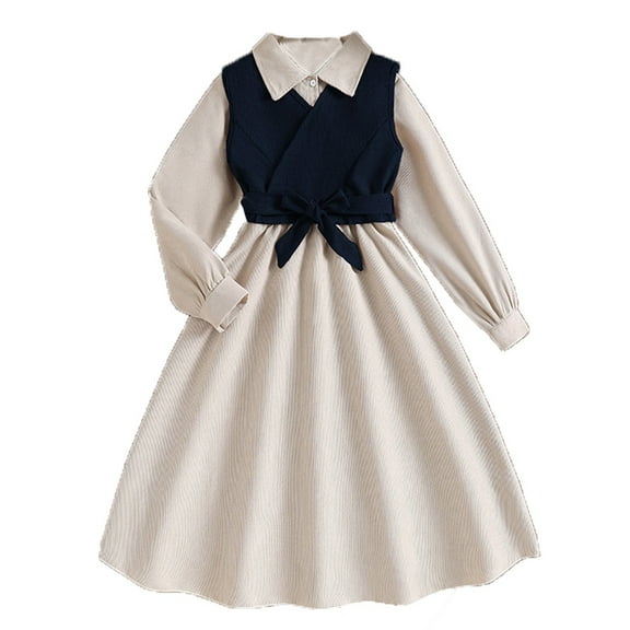 Byoo Little Girls' Preppy Two-Piece Dress Collared Shirt with Vest Flared Skirts Elegant School Gown,Navy