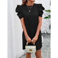 thumbnail image 3 of Black Women Solid Color Round Neck Puff Sleeve Casual A-Line Mini Dress, 3 of 7