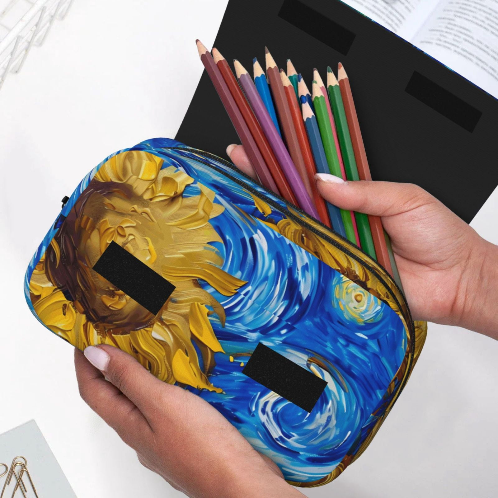 Rateoe Whimsical Sunflowers Night Sky Pattern Double Clamshell Pen Case, Storage Organizer with Two Zipper Compartments– Holds Up to 50 Pencils & Pens