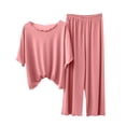 thumbnail image 3 of Bixock Pajamas for Women Solid Color Ice Silk Short Sleeve Top Lace Neck Long Pants 2 Piece Loungewear Sleepwear, 3 of 6