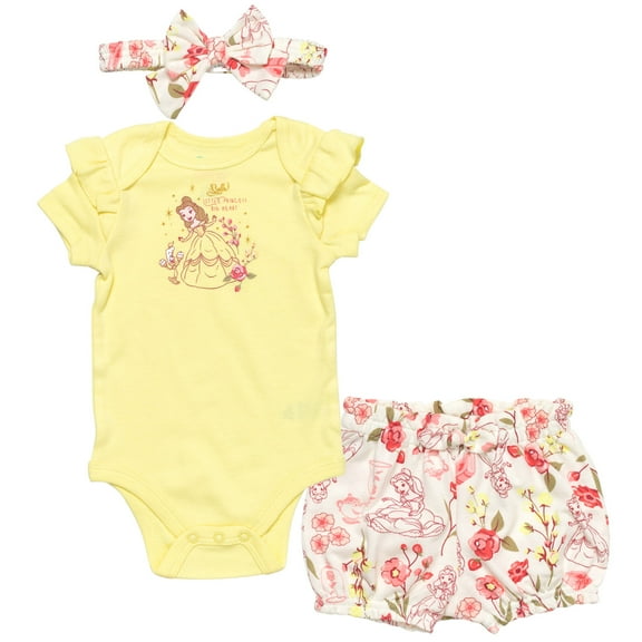 Disney Princess Belle Newborn Baby Girls Bodysuit Shorts and Headband 3 Piece Outfit Set Yellow/White 6-9 Months