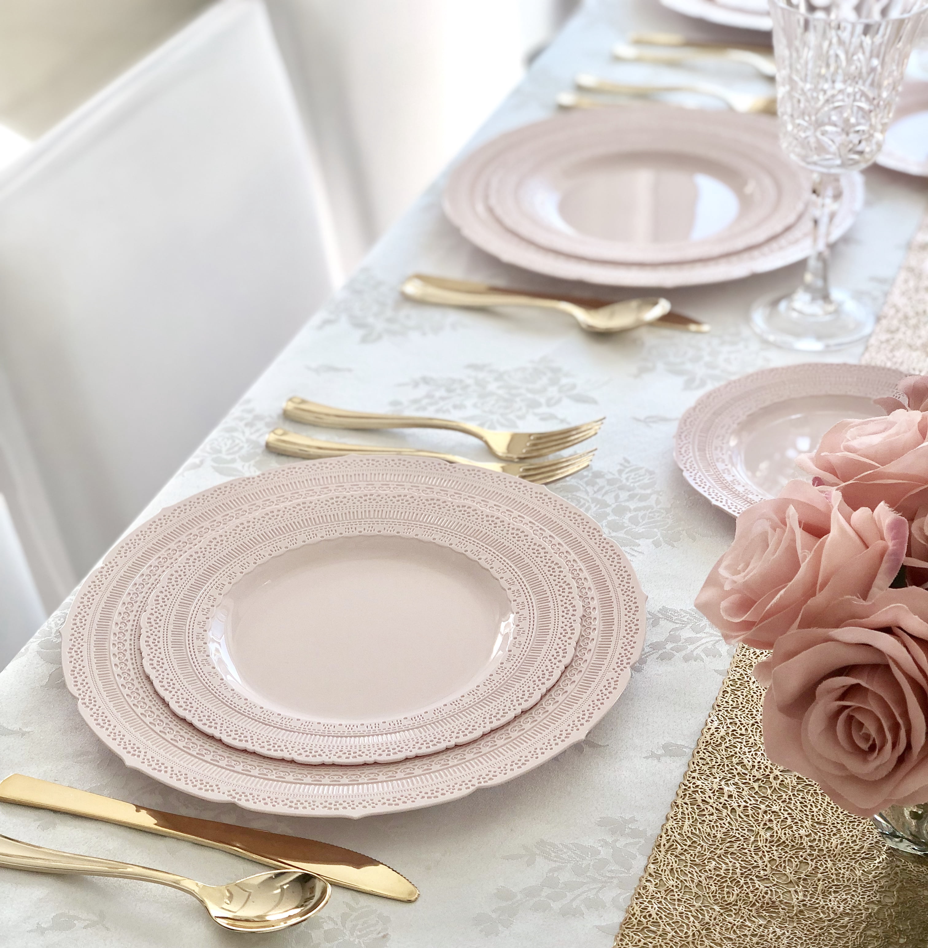" OCCASIONS " 80 Plates Pack,(40 Guests) Extra Heavyweight Vintage Wedding Disposable / Reusable Plastic Plates 40 x 11'' Dinner + 40 x 8.25'' Salad / Dessert Plate (Chateau Blush Pink)