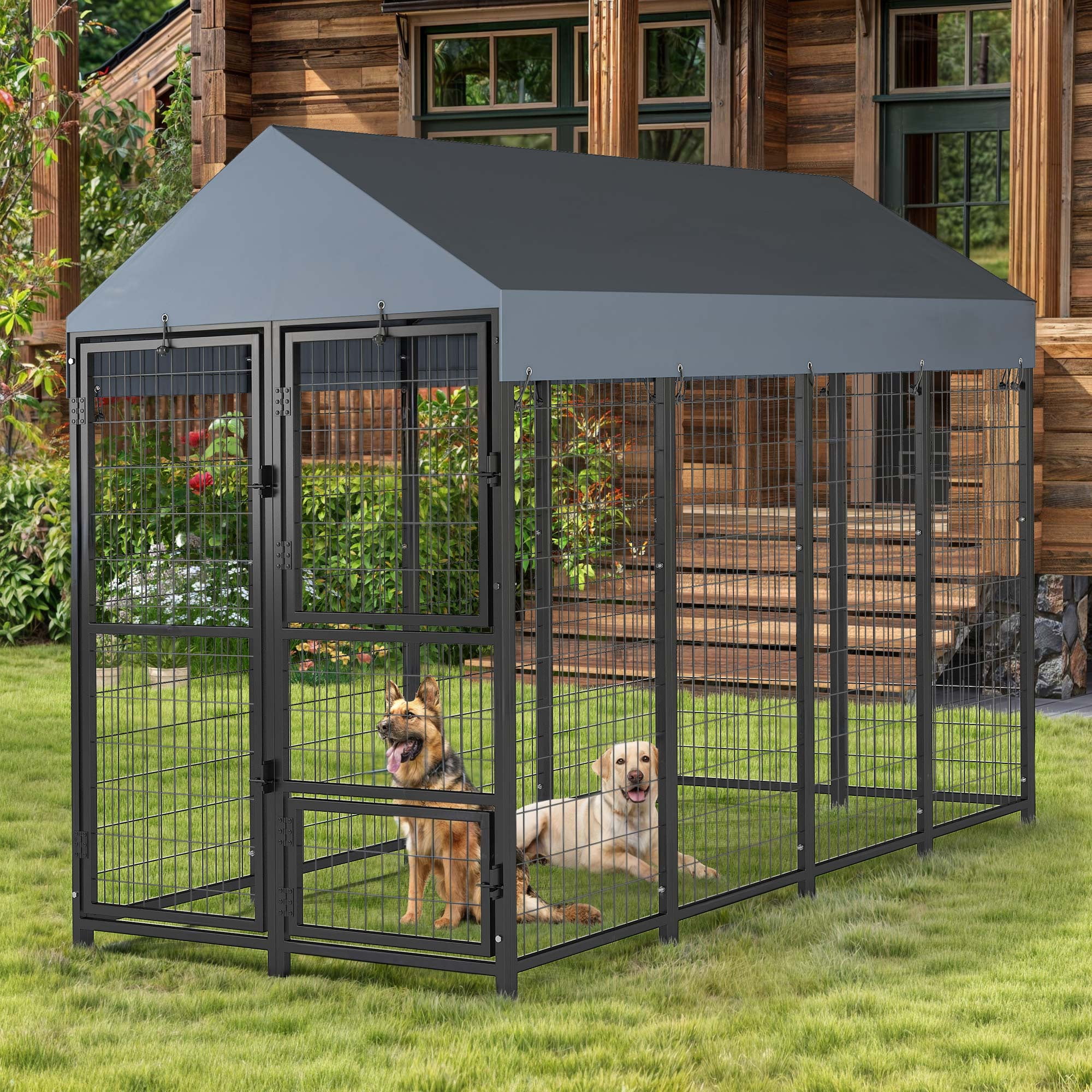 Dextrus 8x4x6ft Large Outdoor Dog Run Kennel, Heavy Duty Dog Pets Cage Galvanized Steel Dog Fence Dog Enclosure Playpen with Waterproof Cover and Secure Lock