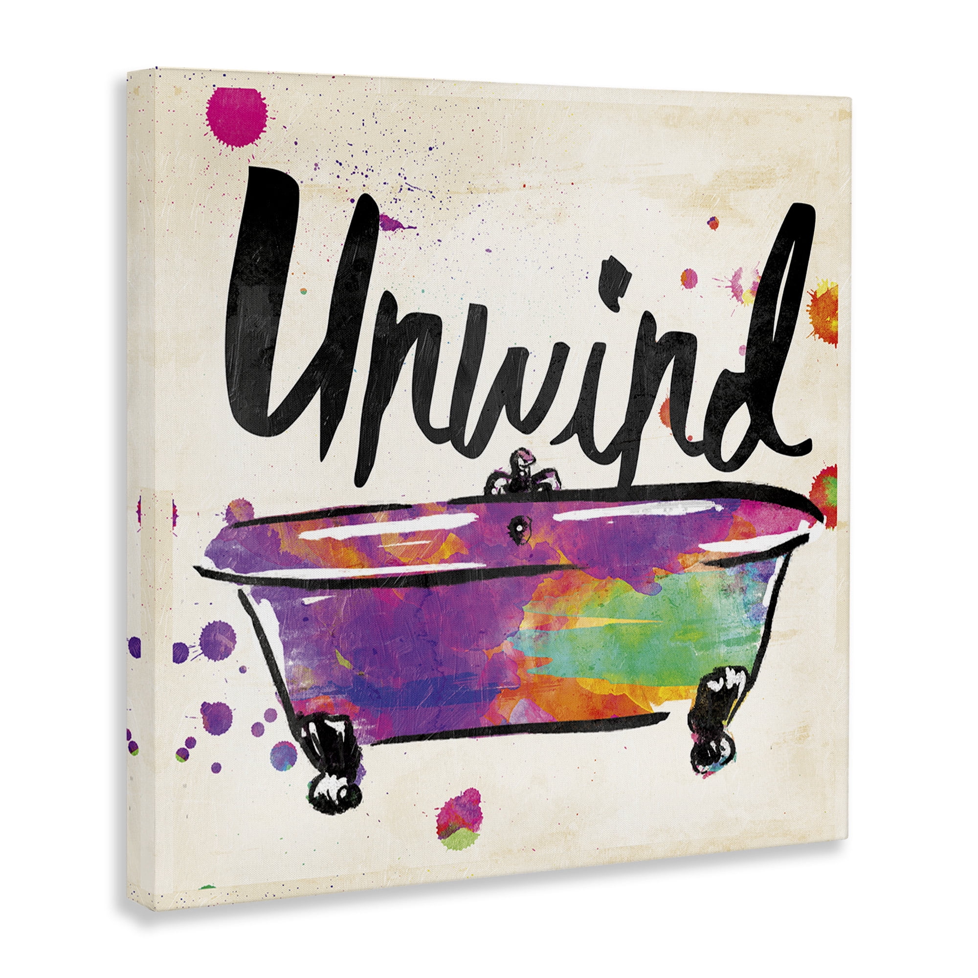 Stupell Industries Unwind Rainbow Colors Icon Bath Typography Painting Gallery Wrapped Canvas Art Print Wall Art, 30 x 30