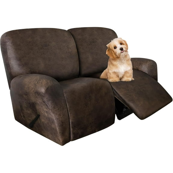 Loveseat Recliner Slipcover - 6 Pieces Stretch Leather Like Recliner Sofa Cover for 2 Seat Dual Reclining Loveseat Couch, Furniture Protector with Elastic Bottom (Dark Brown)