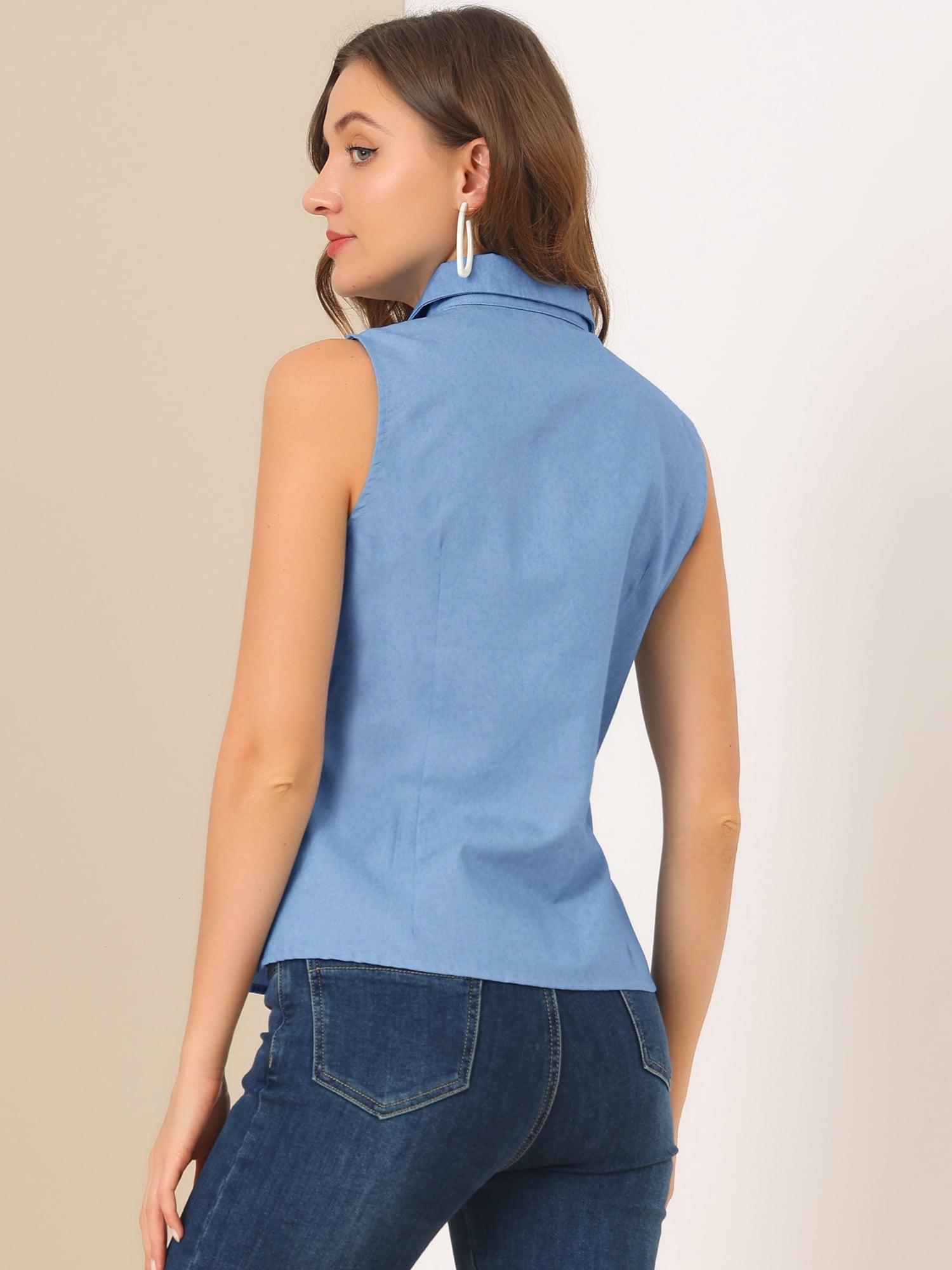 DARING DIVA Women's Casual Sleeveless Peter Pan Collar Chambray Shirt L Blue