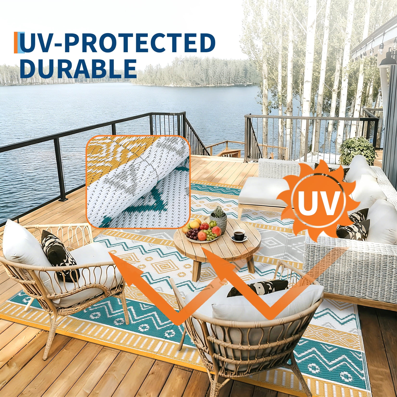 Garvee Outdoor Area Rug 9'x18' Waterproof Outdoor Carpet, Boho Plastic Straw Rug RV Mat for Picnic, Deck, Balcony, Beach, Patio, Multicolor