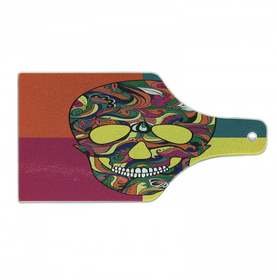 Sugar Skull Cutting Board, Colorful Calavera Themed Art Catrina Day of the Dead Mexican Culture Theme, Decorative Tempered Glass Cutting and Serving Board, Wine Bottle Shape, Multicolor, by Ambesonne