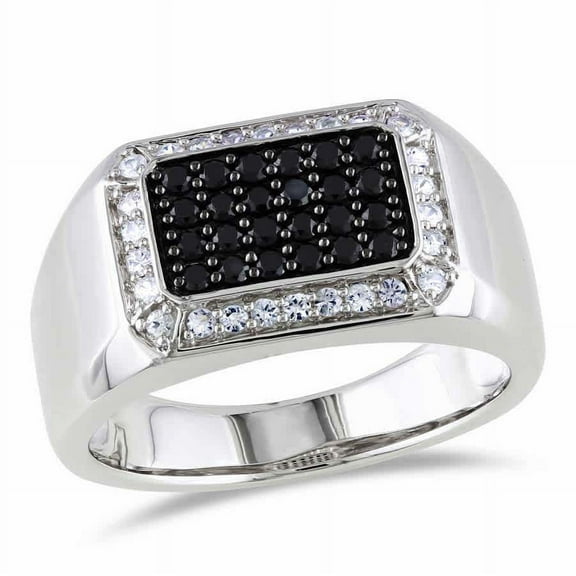 AMOUR Men's Halo Black Spinel and White Sapphire Square Ring In Sterling Silver