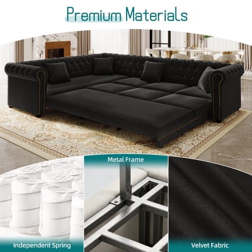 115.3" L-Shaped Velvet Sofa Bed, Button Tufted Pull-Out Sleeper, Gold Trim Rolled Arms, Black