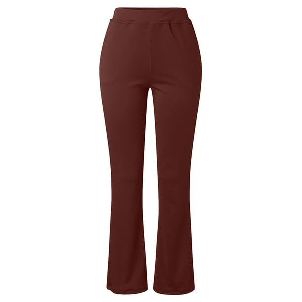 Fashnice Ladies Stretch Pants With Pockets Dress Wide Leg Baggy Daily Wear  Bootcut Pant Dark Red XL 