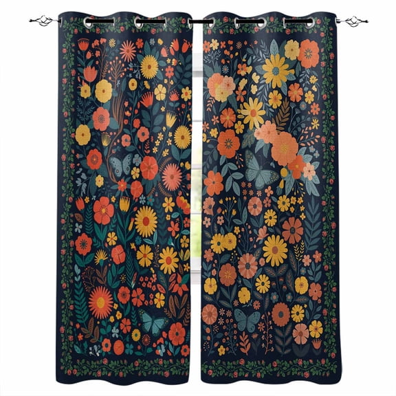 Boho Flowers Black Out Curtains 63 Inch Long, Room Darkening Draperies Curtains Panels, Spring Abstract Watercolor Floral Leaf Thermal Insulated Curtain for Bedroom Living Room 52"x63" 2 Panels