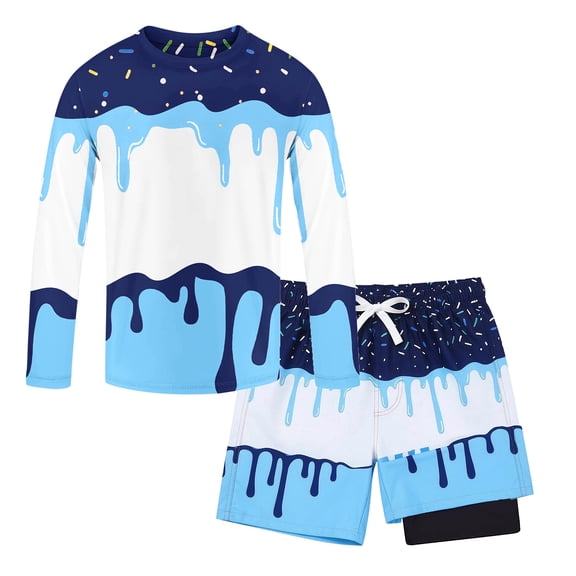 Kiijoy Boys Swimsuit UPF 50 Long Sleeve Rash Guard Swim Trunks Bathing Suits, Sizes 2-14