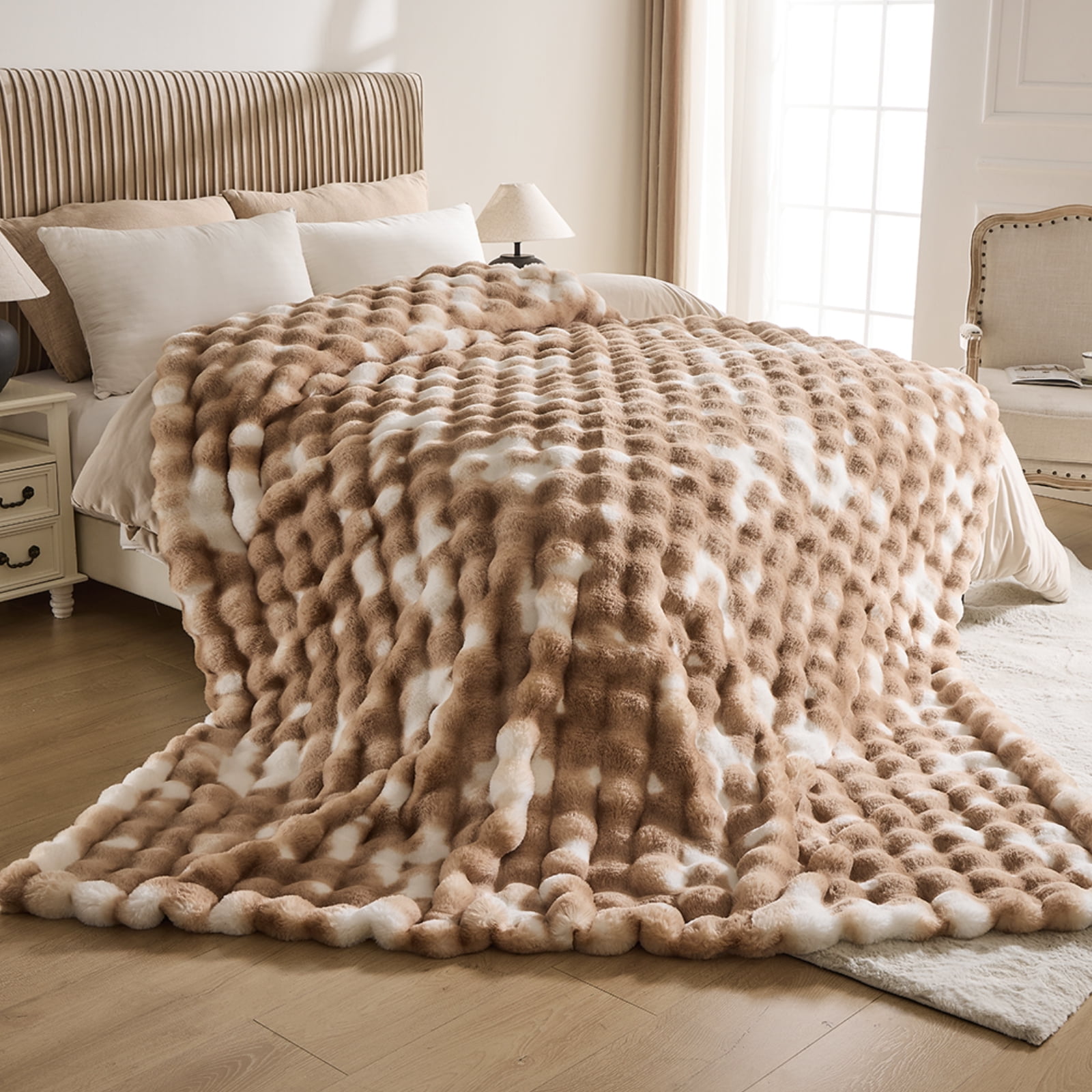 GEMBED Faux Fur Throw Blanket for Bed Fuzzy Soft Plush Thick Bubble Blanket for Living Room, 90x90 inches, Tie Dye Brown