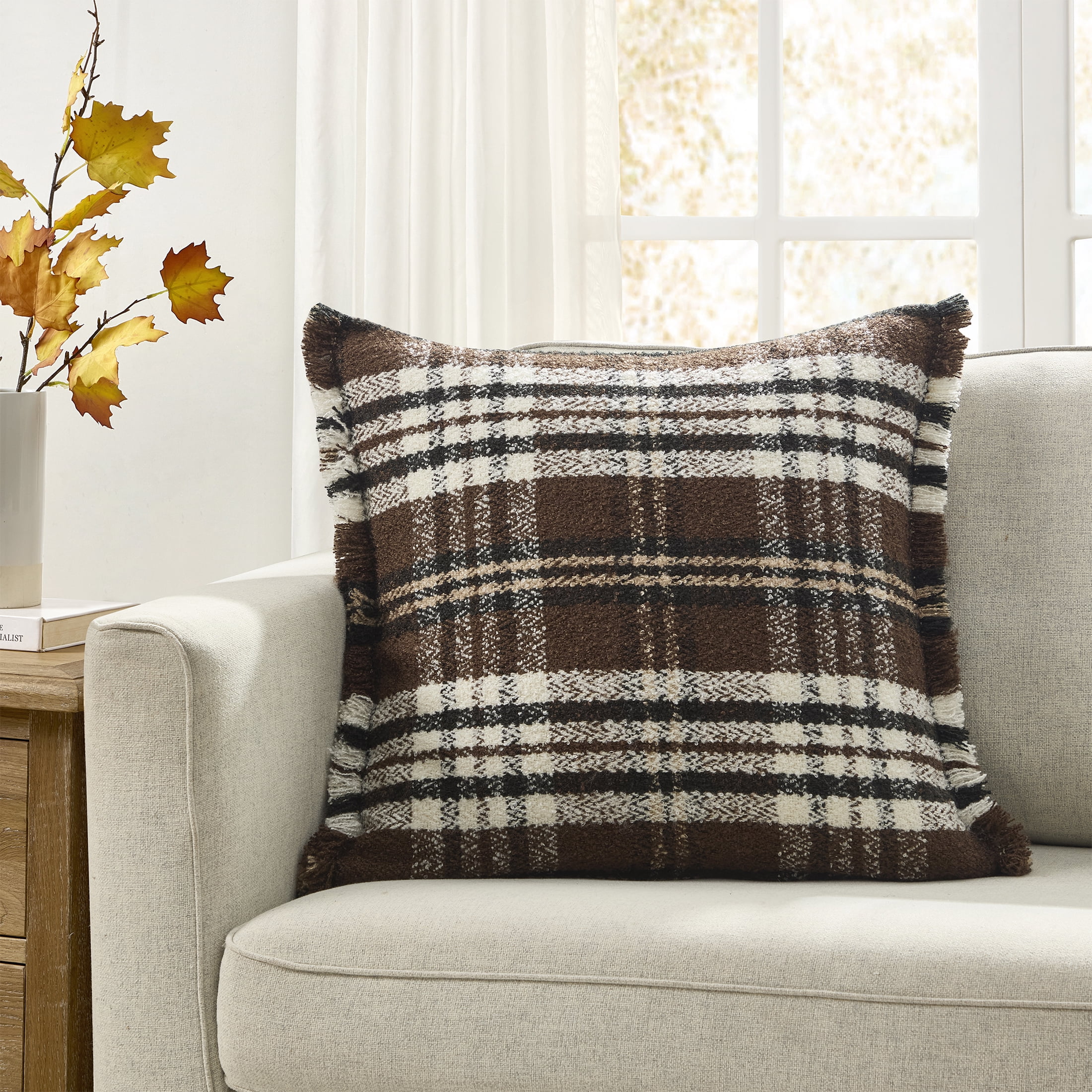 My Texas House 20" x 20" Brown Woven Plaid Fringe Decorative Pillow Cover
