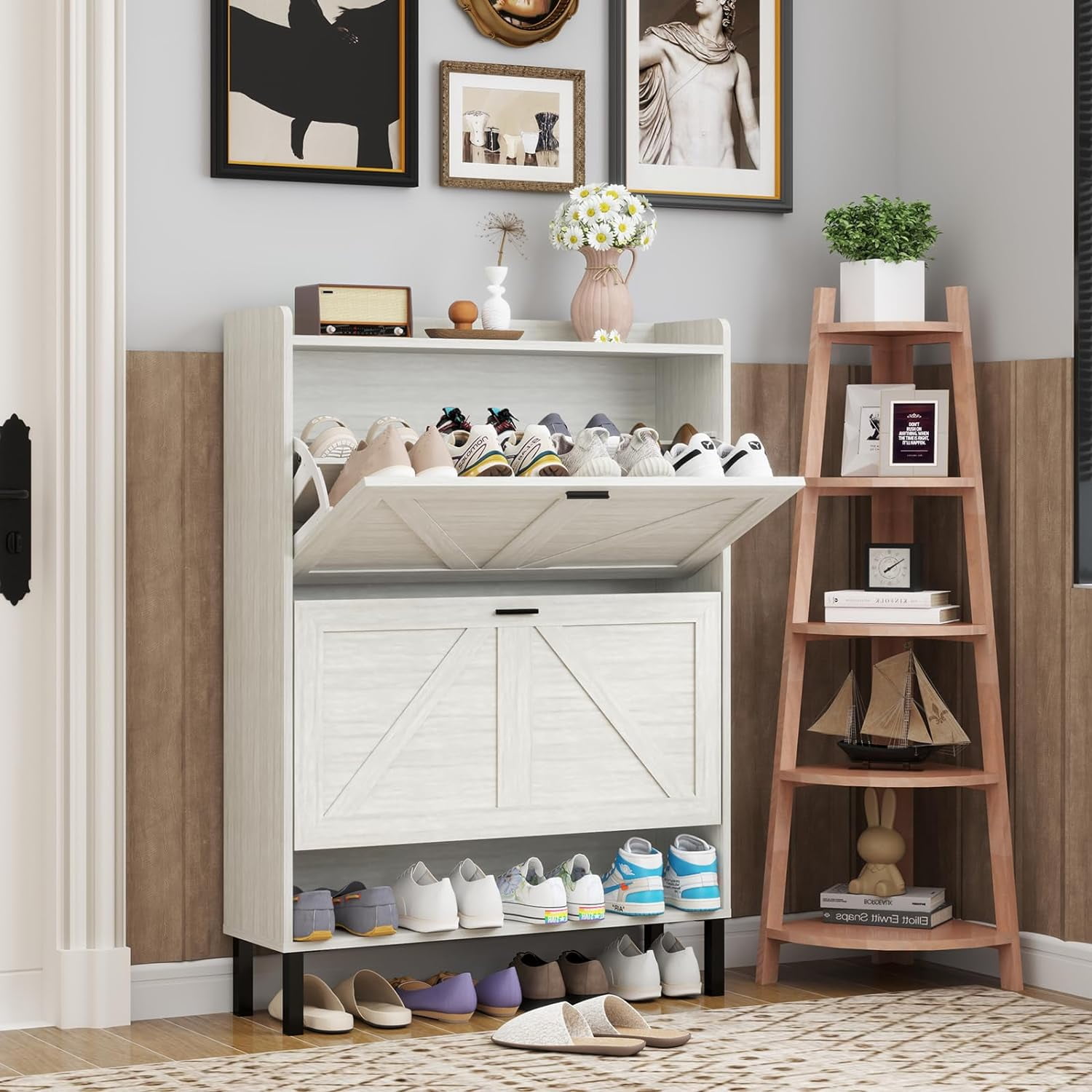 Vinform Farmhouse Shoe Storage Cabinet with 2 Flip Drawers for Entryway, Slim Wood Shoe Cabinet, Freestanding Narrow Shoe Rack Organizer with Metal Legs for Hallway Living Room (Gray)