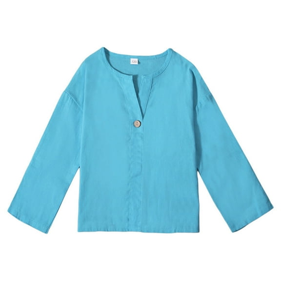 Boys Shirts, Boys Linen Short Sleeve Shirt Comfortable Breathable Kids Top Casual Plain Tee For Spring And Autumn Seasons, Boys Clothes(Blue,6-7 Years)