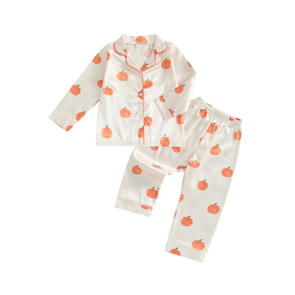 RUINIXCW Toddler Baby Girl Silk Stain Halloween Pajama Set Kids Fall Winter PJS Set Sleepwear Pumpkin Print Long Sleeve Button Down Shirt and Pants Set Homewear Loungewear