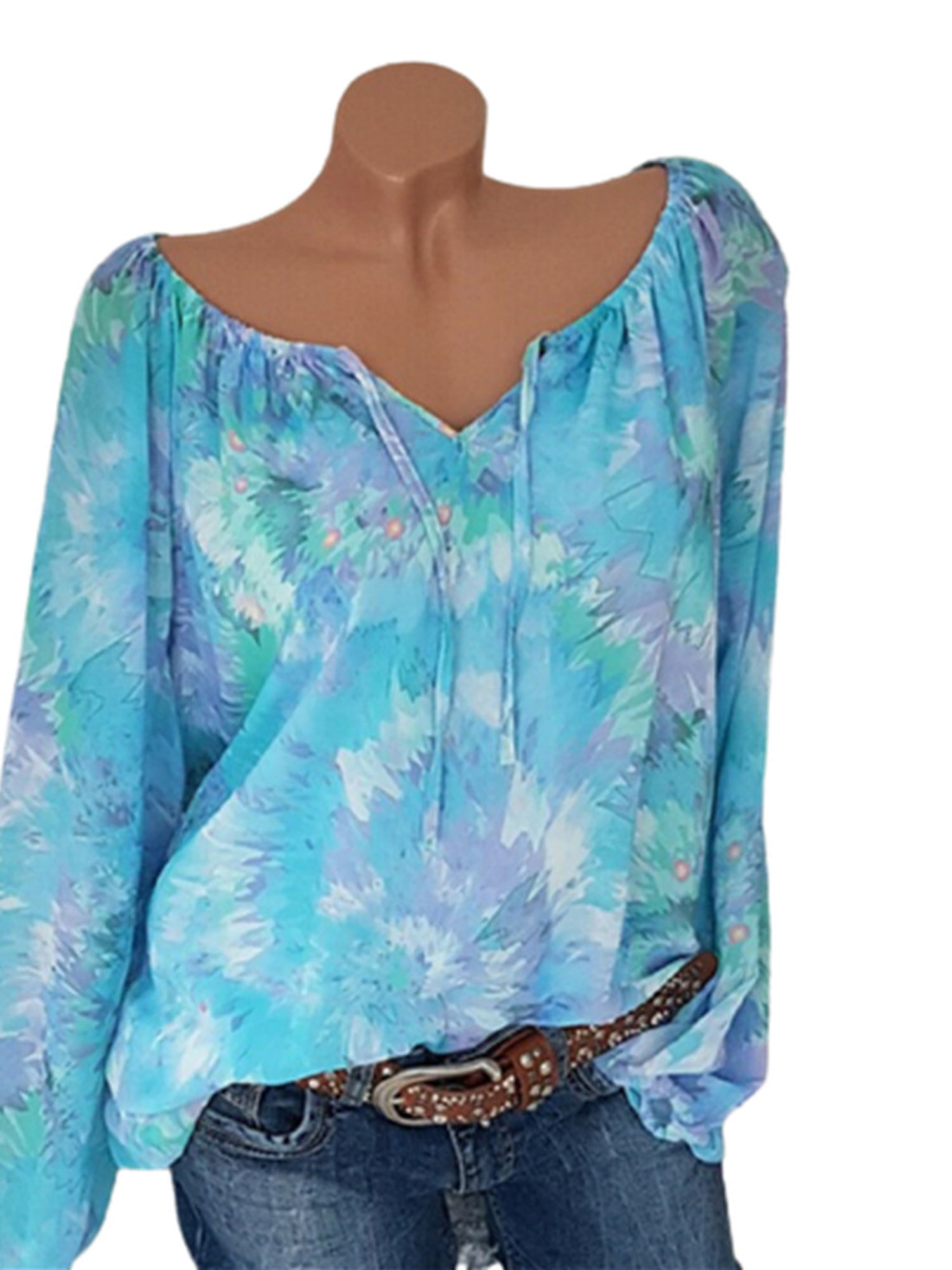 Plus Size Womens Boho Floral Long Sleeve Blouse Loose Tops Casual Baggy T Shirt