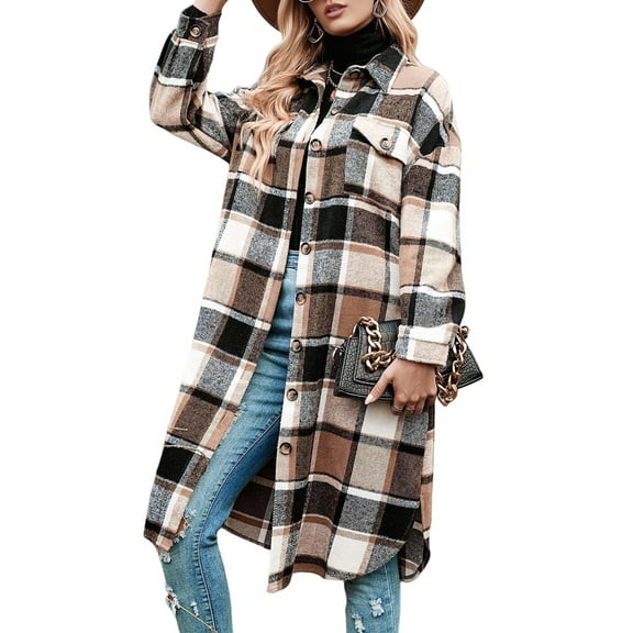 Women Plaid Shacket Jacket Long Corduroy Shirt Casual Lapel Button Down Flannel Trench Coats Khaki S