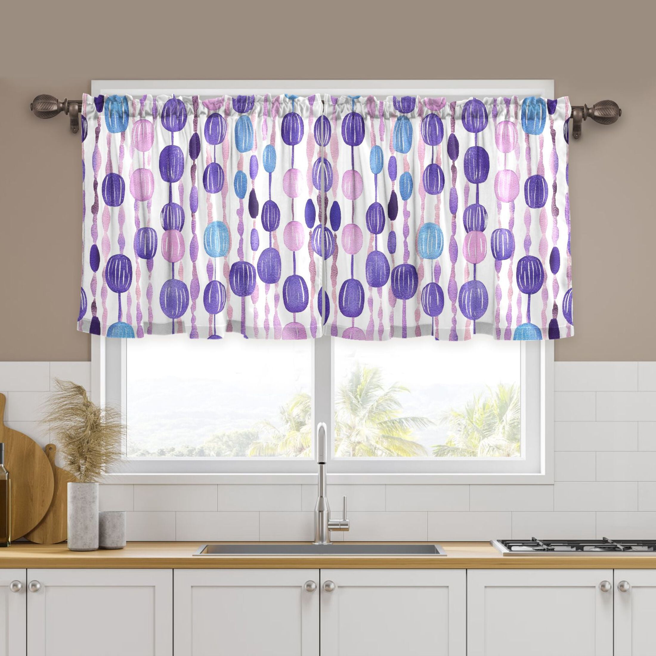 Purple and Blue Bead Pattern Tier Curtains for Kitchen 57x24 Inch Semi Sheer Light Filtering Half Window Curtains 2 Panels