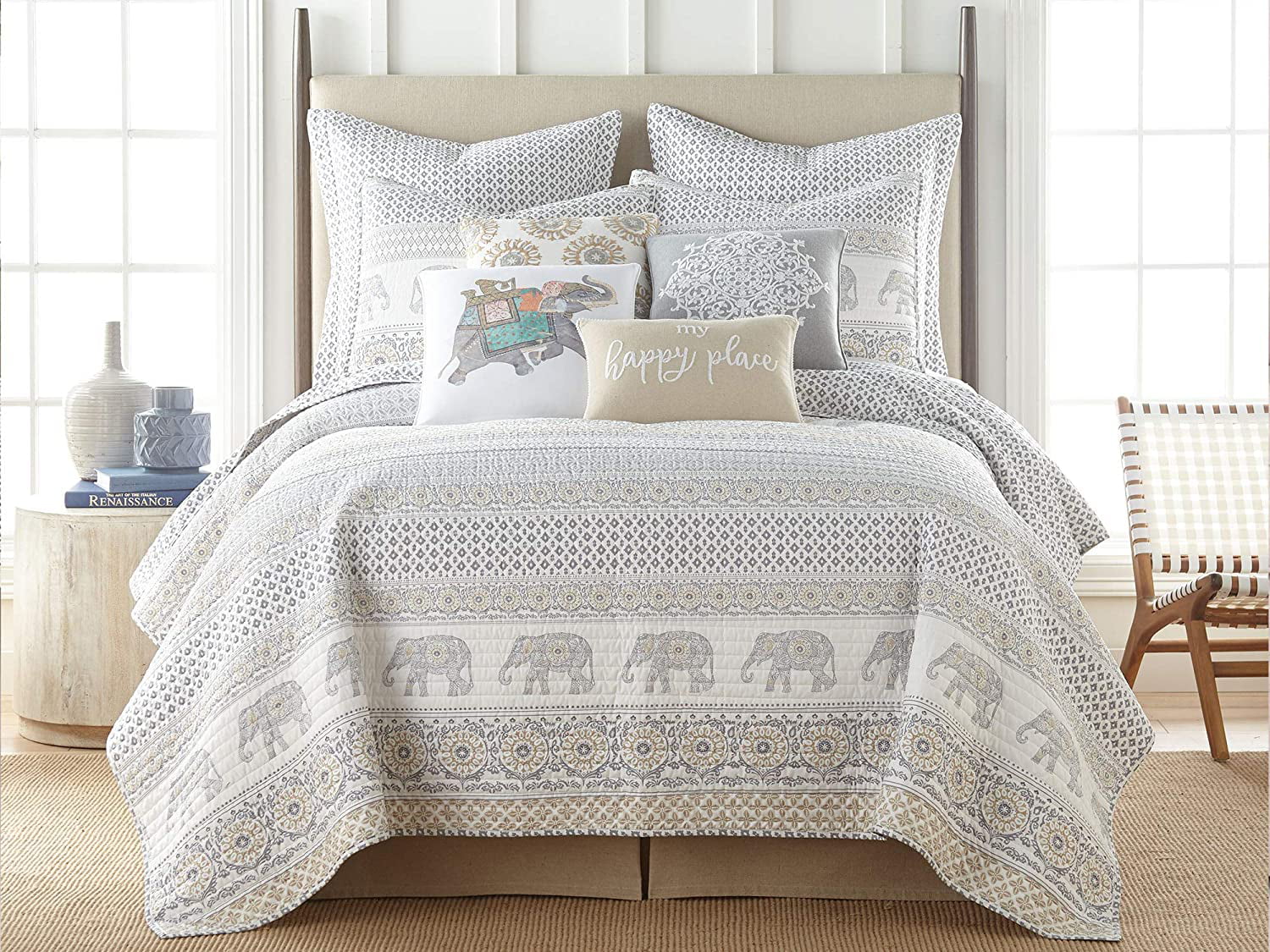 Elephant Quilted Bedspread & Pillow Shams Set Walking Down a Road Print 