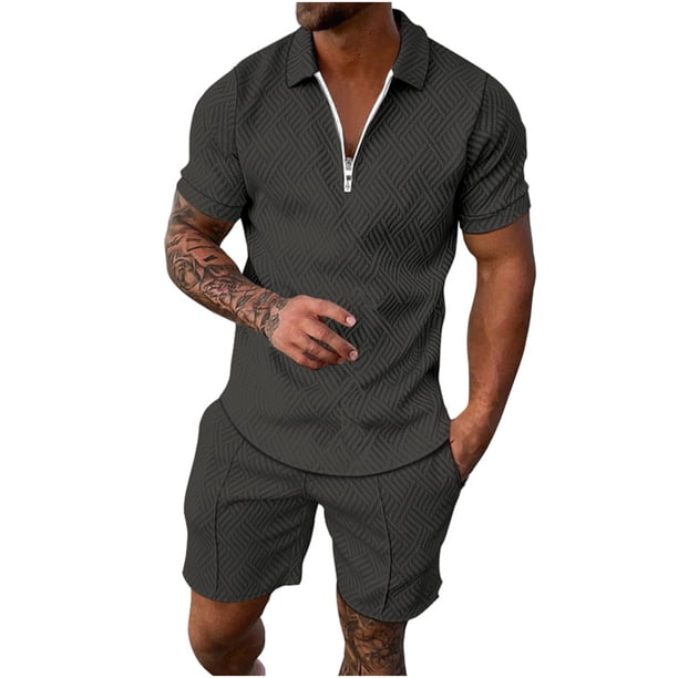 Conjuntos de Tops Para Hombre Conjuntos de Camisas Casuales Conjunto de Manga Corta Deportiva Con Cremallera de Cobertura Sólida Informal Odeerbi ODB152024