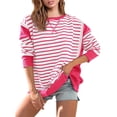thumbnail image 2 of WEAIXIMIUNG Chandail en Molleton pour Femmes Graphique Mignon Femmes Chandails en Molleton Surdimensionnés Coupe Ample Col Rond Rayé Bloc de Couleur Manches Longues Tops, 2 of 9