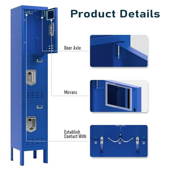 Metal Locker with 3 Doors - Employees Locker with Hooks, 66" Storage Cabinet for Home, Office, Gym - Blue, Requires Assembly